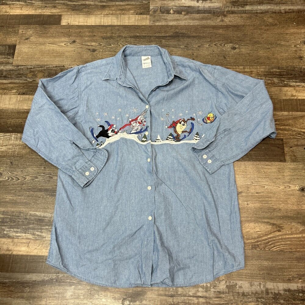 Vintage Looney Tunes Shirt L Blue Denim Warner Bros Studio Store Snow Skiing